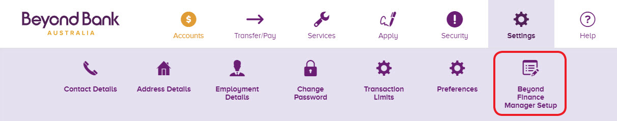 beyond bank finance manager menu